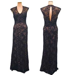THEIA A Night To Remember Maxi Dress Size 4 Black Nude Floral Lace Cutout Gown